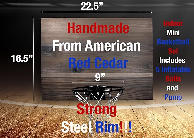 Elite Mini Basketball Hoop & Ball Set, Wall Mount, Indoor Made in The USA Cedar Backboard. Includes 9” Hoop, Net, Pump & 5 Mini Basketballs.