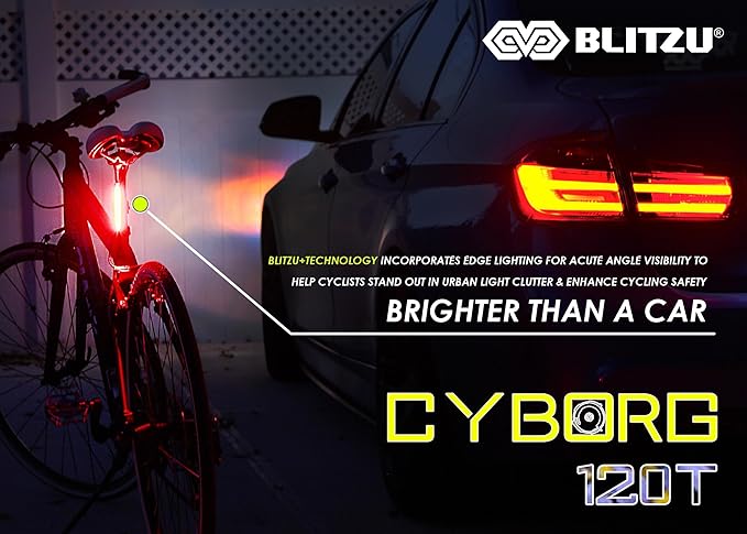 BLITZU USB-C Rechargeable Bike Tail Light 2 Pack, Bright Bicycle Rear Cycling Safety Flashlight Accessories for Night Riding, Cyborg 120T, 4 Light Modes for Adults Kids Men Women Road Mountain