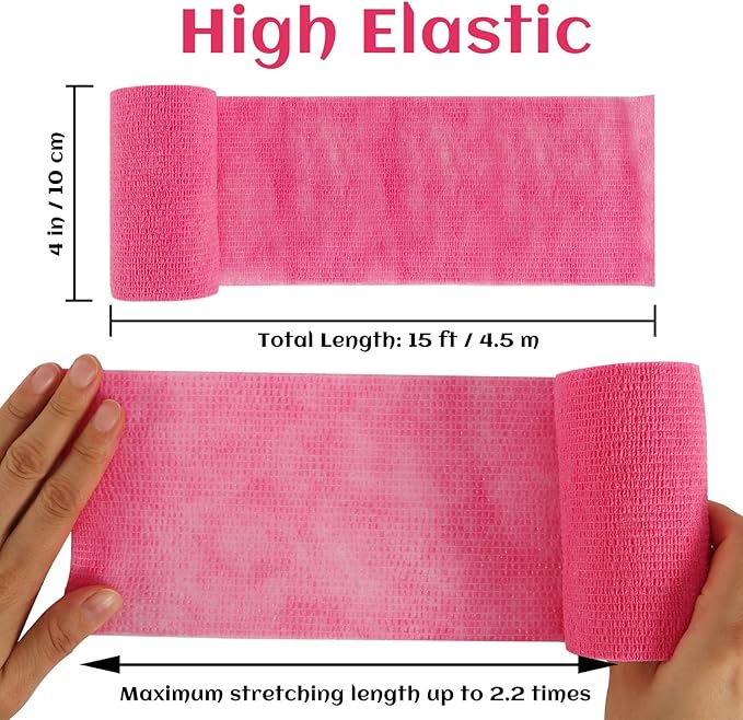 6 Rolls Elastic Self Adhesive Bandage Wrap 4 Inch, Breathable Non Woven Cohesive Bandage, Vet Wrap for Dogs, Ankle Sprains Swelling Medical First Aid Tape, Sports Athletic Tape Hot Pink
