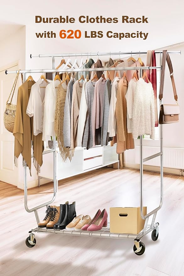 ikloo Double Rods Adjustable Clothes Rack Load 650 LBS, Heavy Duty Metal Clothing Rack with Wheels & Shelves, Portable Closet Organizer for hanging clothes, Rolling Clothes Drying Rack, Chrome