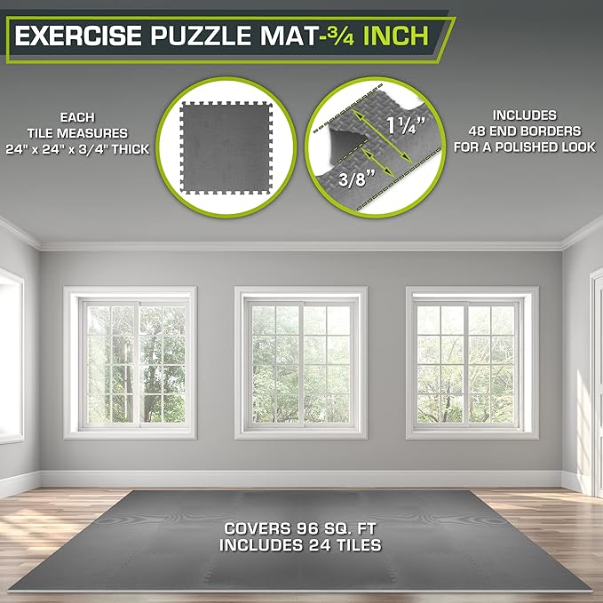 ProsourceFit Extra Thick Puzzle Exercise Mat, EVA Foam Interlocking Tiles for Protective, Cushioned Workout Flooring for Home and Gym Equipment, Grey - 3/4 inch - 96 Sq Ft - 24 Tiles