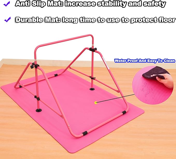 MARFULA Foldable Gymnastic Bar for Kids Ages 3-9, 9 Height Levels, 200 lbs Weight Capacity, 5 Ft Length Gymnastic Kip Bar with Mat, Gymnastic Equipment for Home and Gym Center Indoor Outdoor Use