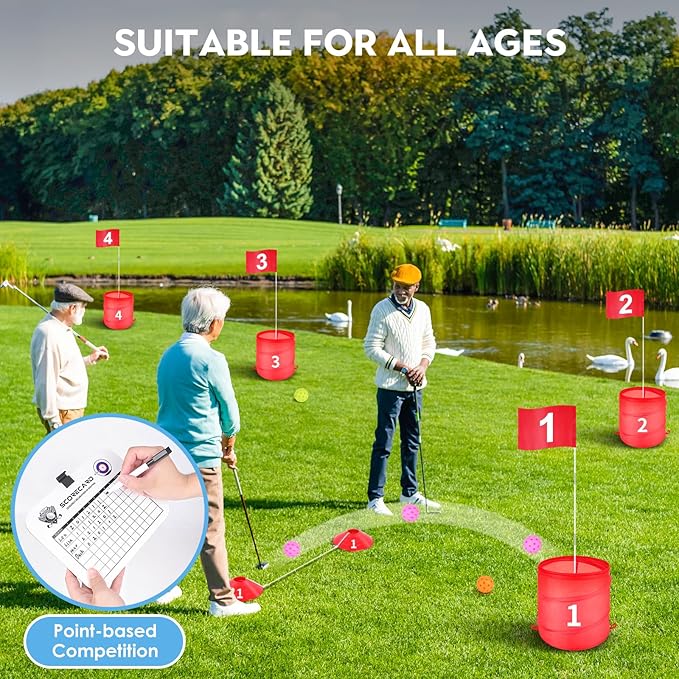 Golf Bucket Outdoor Yard Games, Golf Practice Toys for Family, Adults and Kids, Portable Golf Course for Backyard, Lawn, Park, Beach, Camping (3 Hole Course)