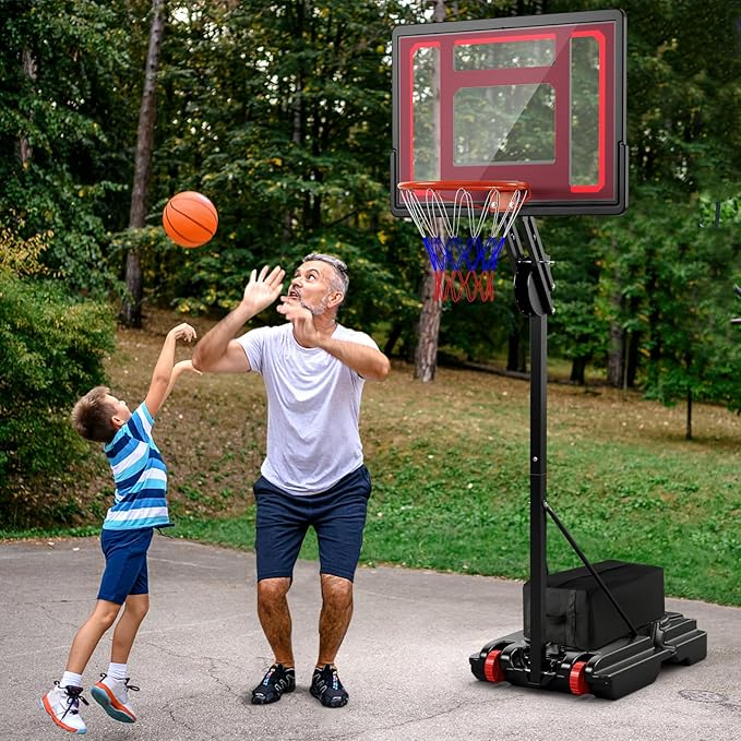 GYMAX Portable Basketball Hoop, 5 FT to 10 FT Adjustable Basketball Goal with 10 Heights, All Weather Basketball Stand System with Weight Bag & Wheels, for Youth Adult, Indoor Outdoor Pool, Court