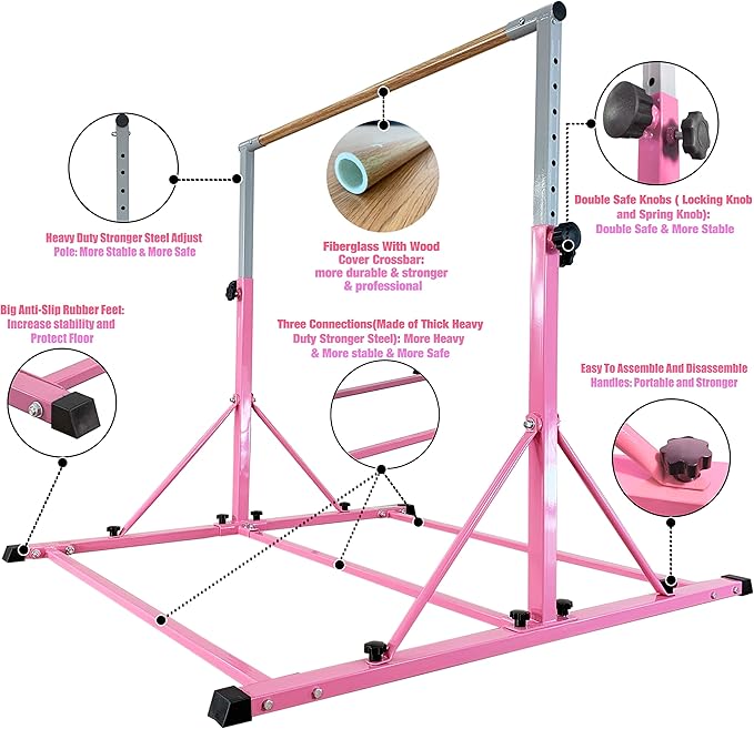 MARFULA Gymnastic Bar for Kid and Teenage Ages 3-25, 5 FT / 8 FT Base Length, 4 FT Width 5 FT Height, Gymnastic Kip Bar Horizontal Bar for Gymnast, Gymnastic Training Equipment for Home and Club Use
