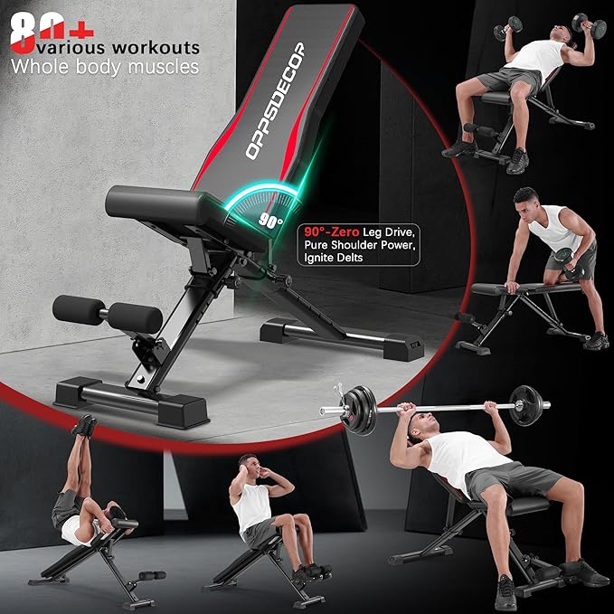 OPPSDECOR Fitness Weight Bench, 900LBS Adjustable Incline/Decline/Flat Bench with Quick Folding & Setup, Strength Training Bench Press Bench for Home Gym Full Body Workout