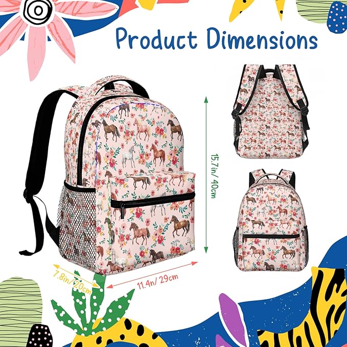 Horse Backpack for Boys Girls Bookbags Lightweight Adjustable Elementary Middle High School Bags for Kids Children Teenagers Travel Daypack Laptop Hiking Backpacks