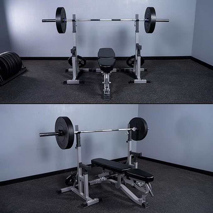 Valor Fitness Independent Squat and Bench Press Stands – Adjustable Uprights with J-Hooks, Bar Catches, Safety Arms, and Plate Storage – Strength Training Rack for Home Gym Workouts