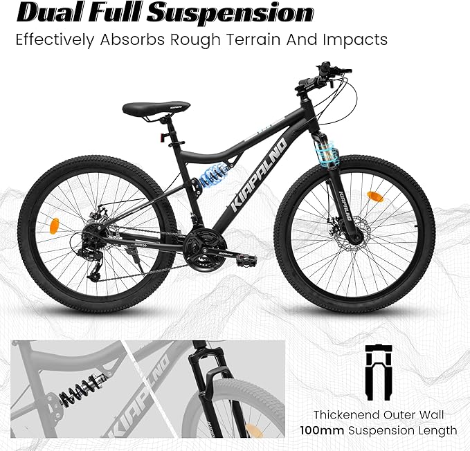 Mountain Bike 24 26 27.5 Inch, Dual Full Suspension Mens Womens Bike, 21 Speeds Dual Disc Brake Carbon Steel Bike, Boys Mens Mountain Bike for School Work Summer Camping, Birthday Gift Choice