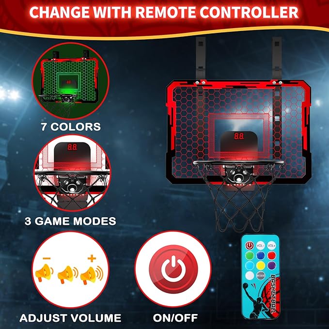 QDRAGON Indoor Basketball Hoop for Kids, Over The Door Mini Basketball Hoops with 7 LED Lighting, Basketball Toys Gifts for 5 6 7 8 9 10 11 12 Year Old Boys Girls Teens, Red