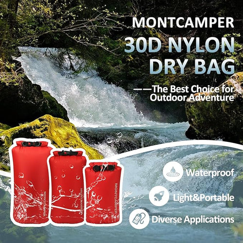 3-pack 30D Nylon Waterproof Dry Bag-Portable Waterproof Storage Sack for Kayaking, Hiking and Rafting-Roll Top Closure-Float on Water(5L/10L/20L,Red)