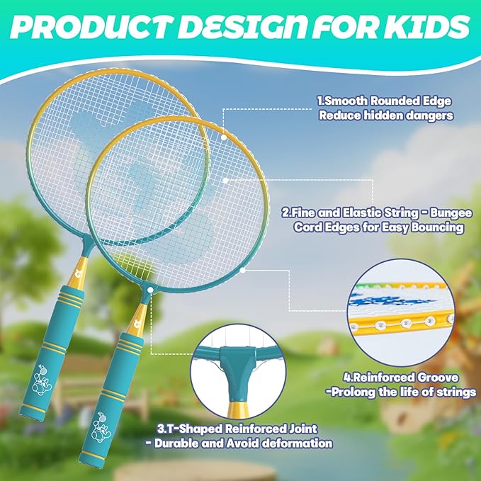 JOY SPOT! Kids Badminton Rackets Set with Soft Grip, Oversize & Lightweight Shuttlecocks Racquet with Carry Bag for Children Youth, 2 Player Sport Game for Indoor Outdoor Backyard