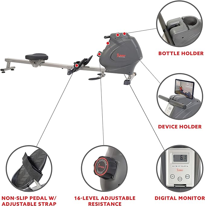 Sunny Health & Fitness Multi-Function Premium Magnetic Rowing Machine, Bicep Curls, Upward Rows, Seated Rows, Foldable Slide Rails, Digital Monitor, Optional Free SunnyFit App Connection