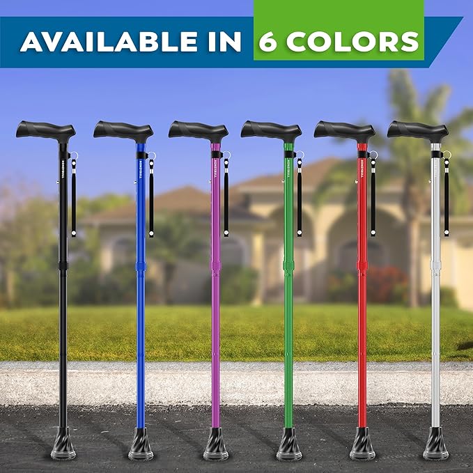 HONEYBULL Foldable Walking Cane for Seniors & Adults – Adjustable 8 Height Settings 30-37", Lightweight Collapsible Cane with Air Cushion Tip, Ergonomic Comfort Grip & Wrist Strap