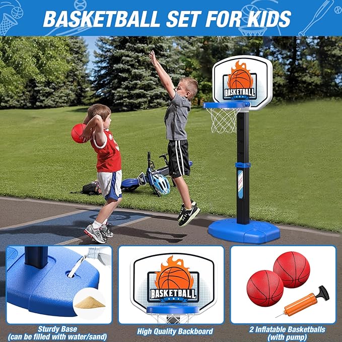 2 in 1 Toddler Basketball Hoop and T Ball Set with Automatic Pitching Machine - Adjustable Height, Kids Basketball Hoop Suit for Indoor/Outdoor, Sport Toys Gifts for Boys Age 3-5, Black