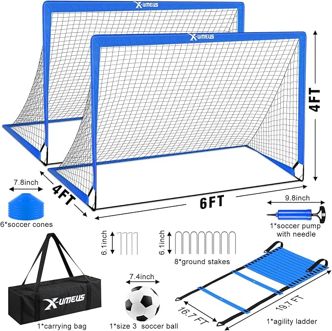 Kids Soccer Goals for Backyard Set of 2, 6x4 ft Portable Pop Up Soccer Goal Training Equipment with Soccer Ball, Ladder and Cones, Soccer Nets for Backyard for Kids Youth Toddler Outdoor Sports Games
