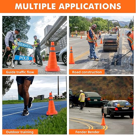 28 Inch 2 Pack Collapsible Traffic Safety Cones, Orange Cones with Reflective Collar, Portable Multipurpose Traffic Cones for Parking Construction Driving Training Sports Practice