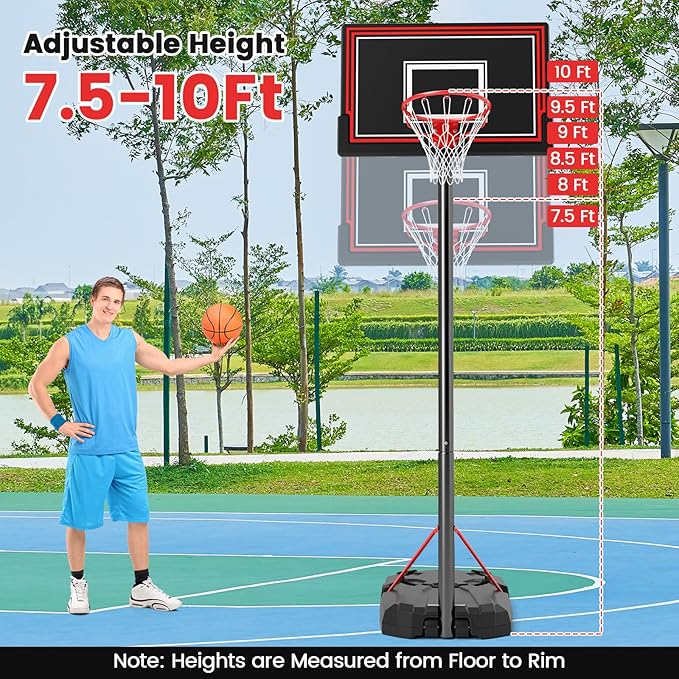 Goplus Portable Basketball Hoop Outdoor, 7.5-10 FT Height Adjustable Basketball Goal System with 44” Shatterproof Backboard, Wheels, Fillable Base for Adults Yard, Driveway