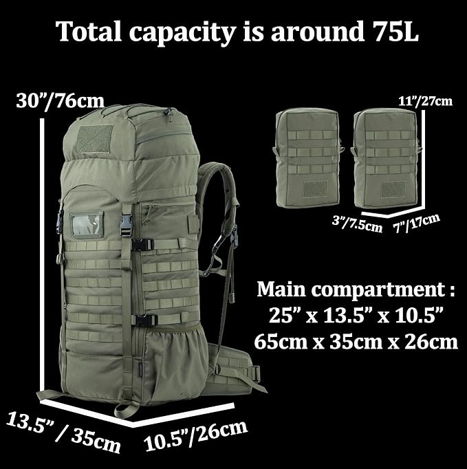 75L Tactical Backpack with Internal Frame, MOLLE, and Hydration System