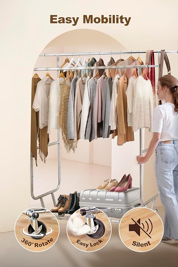 ikloo Double Rods Adjustable Clothes Rack Load 650 LBS, Heavy Duty Metal Clothing Rack with Wheels & Shelves, Portable Closet Organizer for hanging clothes, Rolling Clothes Drying Rack, Chrome