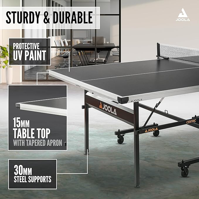 JOOLA Inside Professional MDF Indoor Ping Pong Table with Quick Clamp Table Tennis Net and Post Set - 10 Minute Easy Assembly - Tournament Quality - Foldable with Single Player Playback Mode