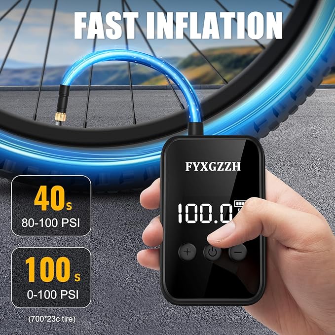 Mini Electric Bike Pump - Fast Inflate Bike Tire Pump with Gauge, 150PSI Air Pump with Presta and Schrader Valve for Road Bike, Mountain Bike, E-Bike, Motorcycle