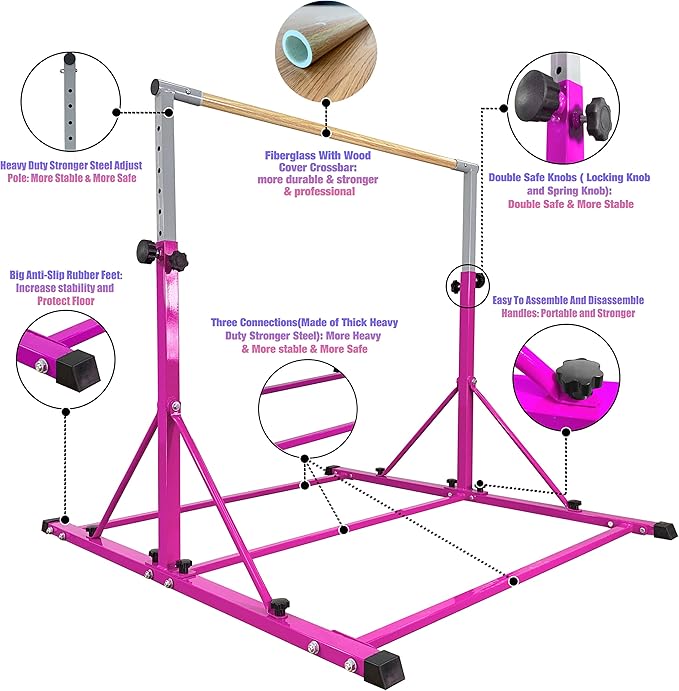 MARFULA Gymnastic Bar for Kid and Teenage Ages 3-25, 5 FT / 8 FT Base Length, 4 FT Width 5 FT Height, Gymnastic Kip Bar Horizontal Bar for Gymnast, Gymnastic Training Equipment for Home and Club Use