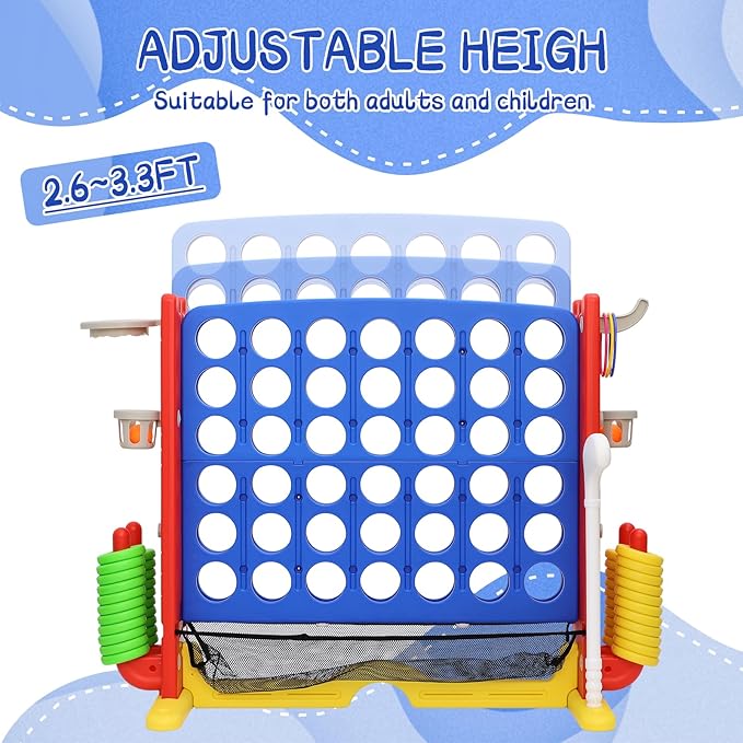 Giant 4 in A Row Game, Height Adjust Connect 4 Jumbo Yard Game Set for Kids & Adults with Mesh Catching Bag, Golf, Basketball Hoop & Ring Toss, 4-to-Score Games for Indoor/ Outdoor Fun