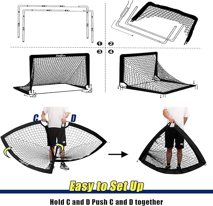LIBERRWAY Soccer Goal 4'x 3' Portable Kids Soccer Goals for Backyard or Indoor Pop Up Soccer Net with 6 Training Cones, Carrying Bag, 8 Ground Stakes