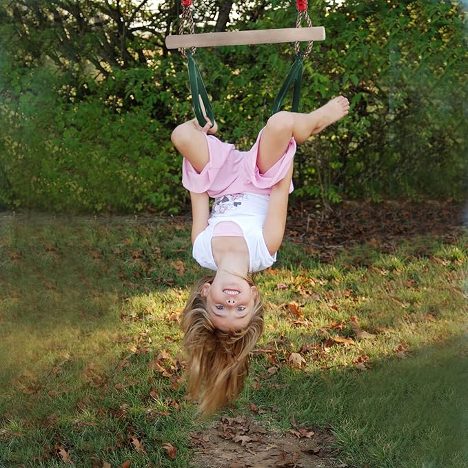 PELLOR Playground Children's Wooden Trapeze Swing Bar with Plastic Gym Rings Swing Set for Indoor & Outdoor Fun