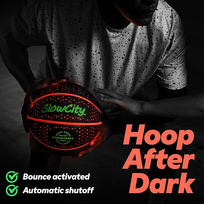 GlowCity Glow in The Dark Basketball - Sizes 5, 6, 7 Light Up Ball for Kids, Teens & Adults - Red Glow for Outdoor Games - Sports Birthday Gifts Ideas for Boys Ages 6 7 8 9 10 11 12 13 14