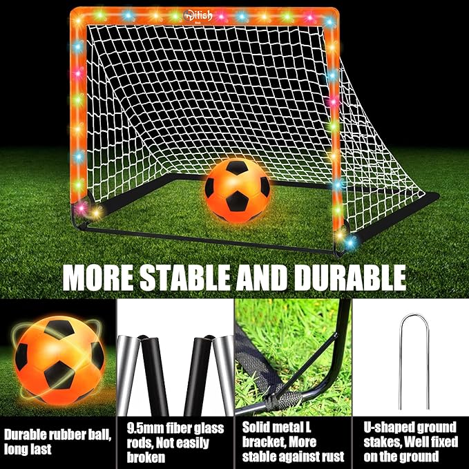 Kids Soccer Goals Set for Backyard - Portable Pop Up Light Soccer Net for Toddler Age 3-5 6-8 8-10 10-12 and Glow in The Dark Ball - Youth Target Soccer Games Sports Gift for Outdoor, 4 x3Ft