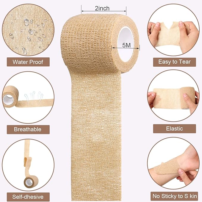 Treela 64 Pack 2" x 5 Yards Self Adhesive Cohesive Bandage Wraps, Elastic Breathable Athletic Tape, Flexible Self Adherent Bandage Rolls for Wrist, Ankle, Fingers, Sports & Pets (Beige)