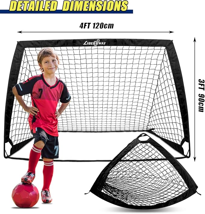 LIBERRWAY Soccer Goal 4'x 3' Portable Kids Soccer Goals for Backyard or Indoor Pop Up Soccer Net with 6 Training Cones, Carrying Bag, 8 Ground Stakes