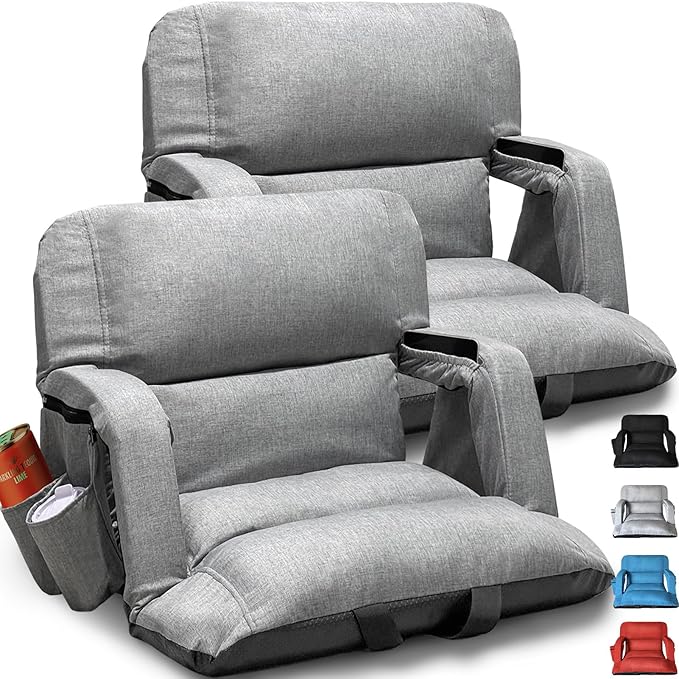 Extra Wide Stadium Seats With Back Support 2 Pack, Exclusive "Sofa Style" Design Thick Bleacher Chairs With Back and Cushion, 6 Reclining Positions - Ultimate Comfort for Sports Events (Grey, 25")