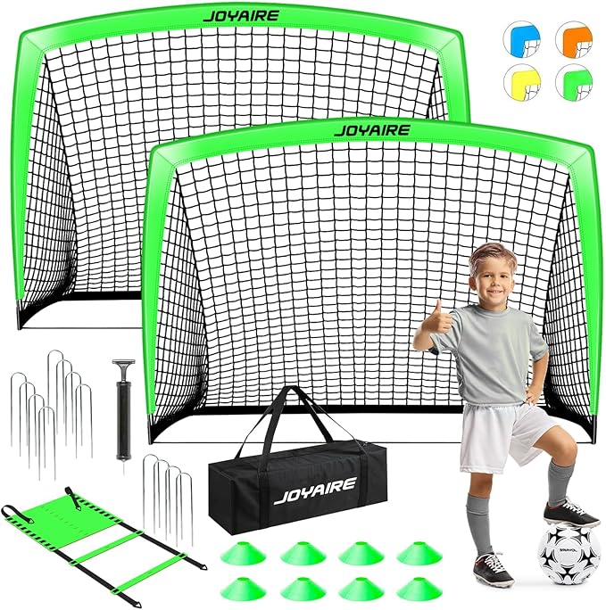 Kids Soccer Goals for Backyard Set, Portable Toddler Soccer Goal 2 of 4x3 ft, 6x4 ft, 7x5 ft, Soccer Training Equipment, Pop Up Soccer Net Kit with Size 4 Soccer Ball, Youth Games, Outdoor Sports Play