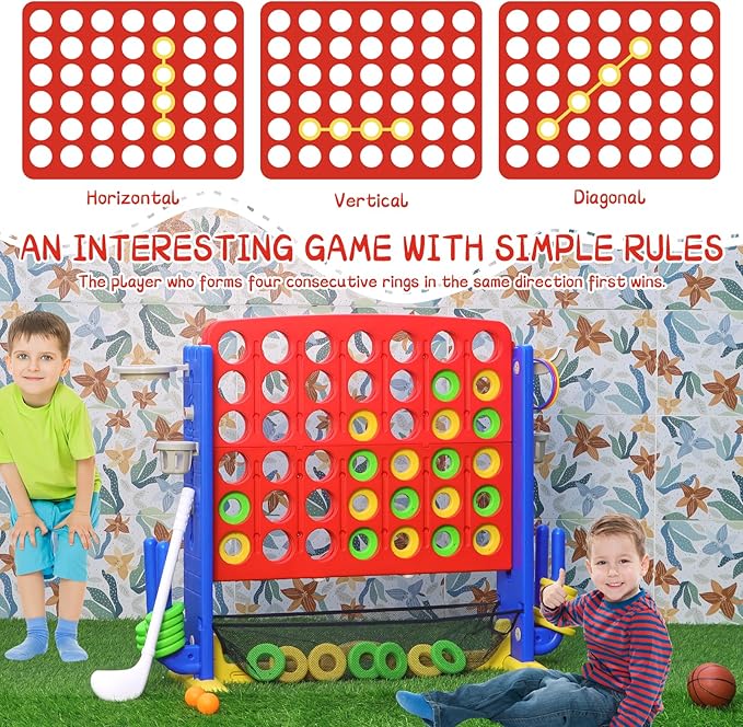 Giant 4 in A Row Game, Height Adjust Connect 4 Jumbo Yard Game Set for Kids & Adults with Mesh Catching Bag, Golf, Basketball Hoop & Ring Toss, 4-to-Score Games for Indoor/ Outdoor Fun