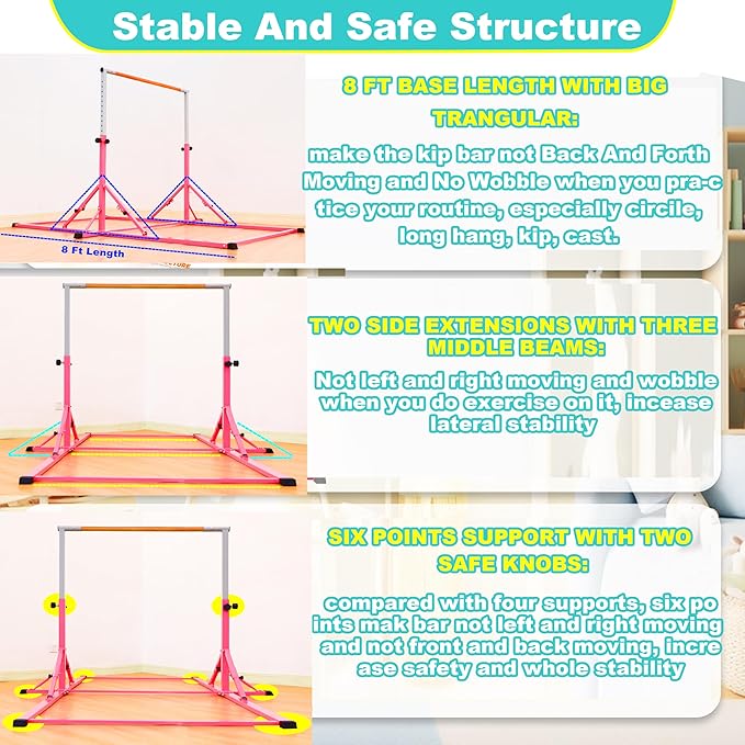 MARFULA Gymnastic Bar for Kid and Teenage Ages 3-25, 5 FT / 8 FT Base Length, 4 FT Width 5 FT Height, Gymnastic Kip Bar Horizontal Bar for Gymnast, Gymnastic Training Equipment for Home and Club Use