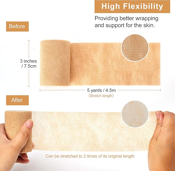 Self Adhesive Bandage Tape (3 Inches X 5 Yards), 8 Pack Elastic Cohesive Bandage Medical Wrap for First Aid, Sports, Wrist & Ankle (3 inch, Count, 8)