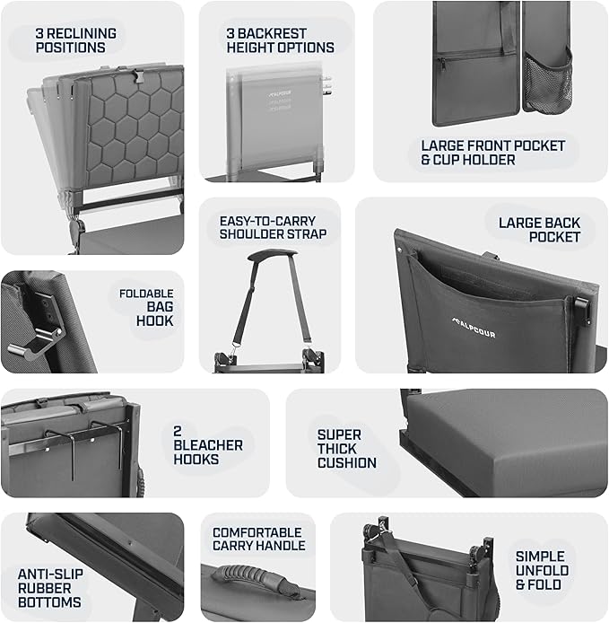 Folding Reclining Stadium Seats with Back Support for Bleachers, Bleacher Chairs with Back and Cushion Seating for Football, Camping Chair, Kayak Seat, Canoe, Paddle Board, Concerts, & Sports Events