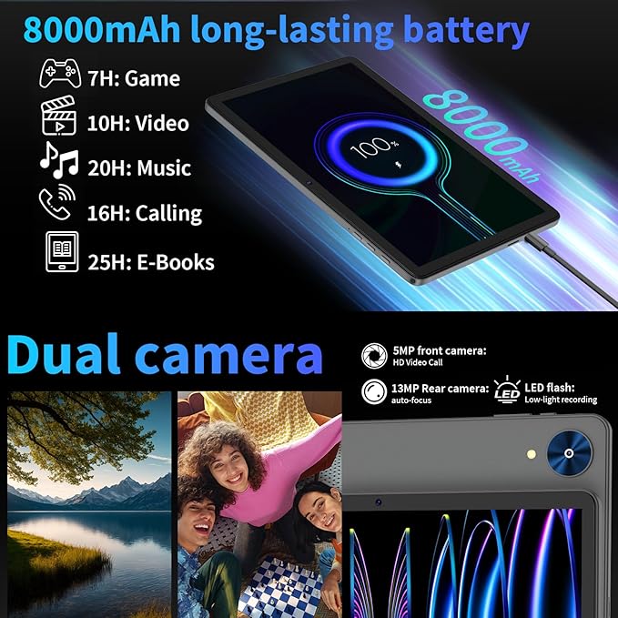 Android 15 Tablet with Keyboard, 26GB+256GB(2TB Expand), 10.1 Inch Tablet 8000 mAh Battery, BT 5.0, 5G WiFi, Widevine L1, Dual Camera, 2 in 1 Tab with Mouse, Case, Stylus(Green Case)