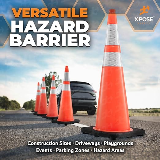 Xpose Safety 36 Inch Orange Traffic Cones with 6" & 4" Collars, 48-Pack - Multipurpose PVC Plastic Safety Cone for Parking, Soccer, Caution, Kids and Construction - DOT Approved