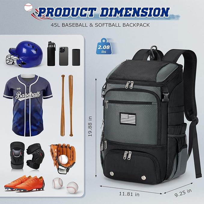 RAINSMORE Baseball Backpack, Lightweight Softball Bag with Shoe Compartment Baseball Bag for Youth & Adult Softball Bat Bag with Fence Hook Helmet Holder Sports Backpack for T-Ball