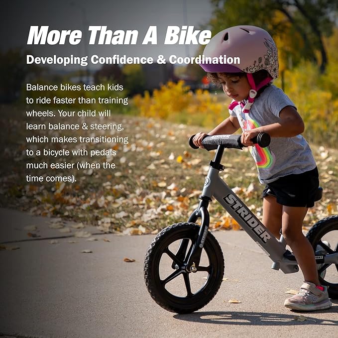 Strider 12” Sport Bike - No Pedal Balance Bicycle for Kids 1 to 4 Years - Includes Safety Pad, Padded Seat, Mini Grips & Flat-Free Tires - Tool-Free Assembly & Adjustments