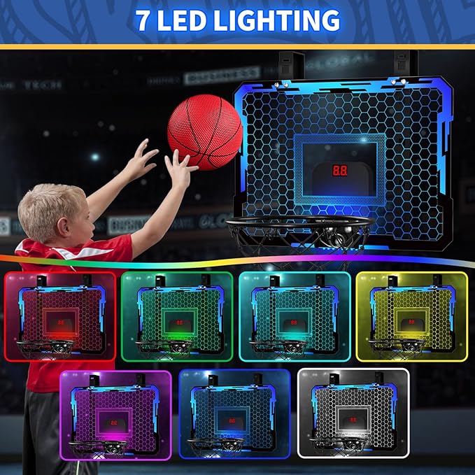 QDRAGON Indoor Basketball Hoop for Kids, Over The Door Mini Basketball Hoops with 7 LED Lighting, Basketball Toys Gifts for 5 6 7 8 9 10 11 12 Year Old Boys Girls Teens, Blue