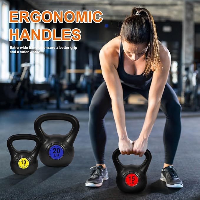 Wide Grip 3-Piece or 4-Piece Kettlebell Exercise Fitness Weight Set, Include 5 lbs, 10 lbs, 15 lbs and 20 lbs, Set of 3 or Set of 4