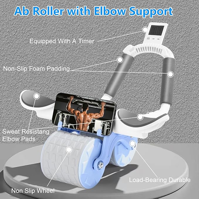 Bersauji 2025 New Ab Roller Wheel with Knee Mat &Timer, Automatic Rebound Abdominal Wheel, Ab Abdominal Exercise Roller with Elbow Support, Abs Workout Equipment Ab Exercise Roller for Women Men.