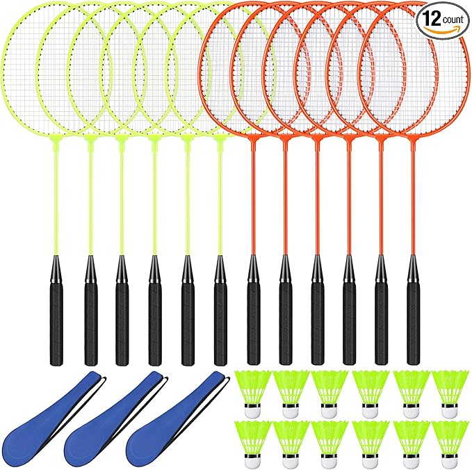 12 Pack Badminton Rackets Set Including Rackets, Nylon Shuttlecocks and Carry Bag for Outdoor Backyard Games Beginners