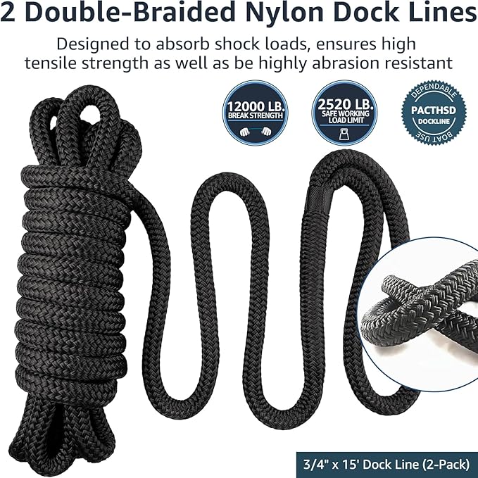 2 Pack 3/4" x 15' Dock Lines - Marine Grade Nylon Boat Rope with 15" Loop for Docking and Mooring - Double Braided Boat Lines, High Strength, Easy Handling, Fray Resistant - Black