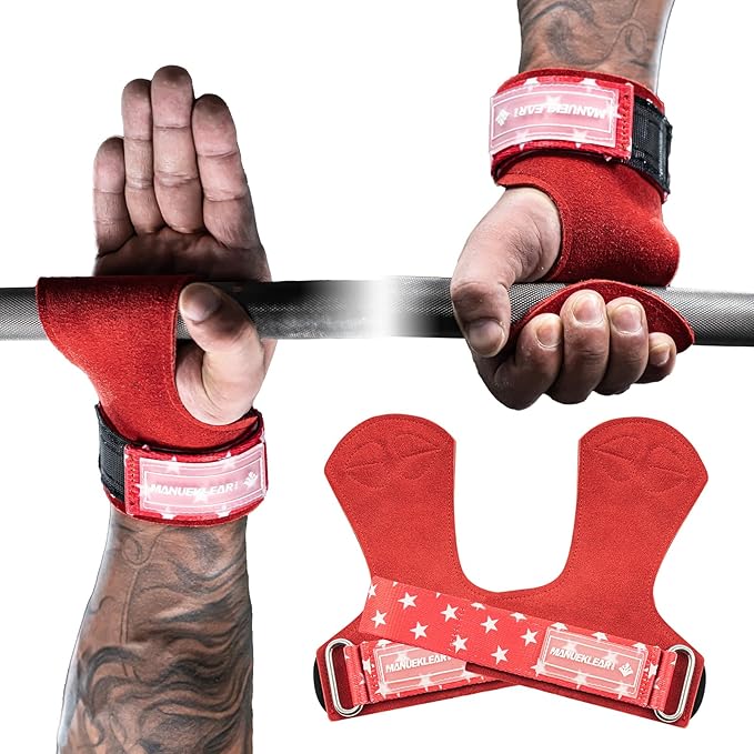 MANUEKLEAR Gym Straps Weight Lifting, Double Leather Lifting Straps for Men Deadlift with Cushion Wrist Loop, Gym Lifting Wrist Wraps for Weightlifting